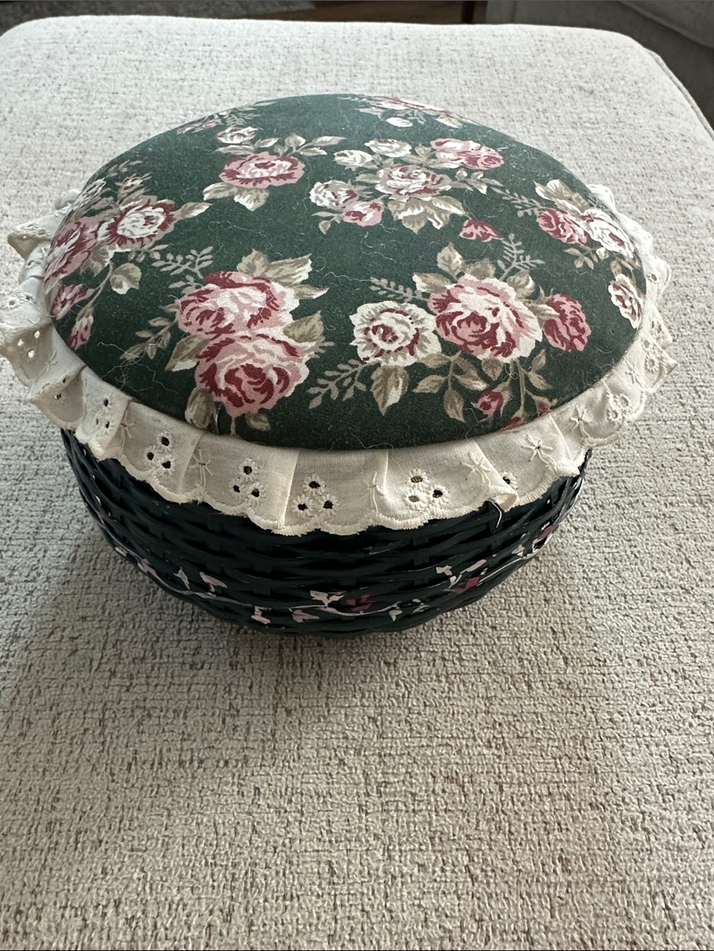 Cottagecore Dark Wicker Round Craft/Sewing Basket with Ruffled Eyelet Detail